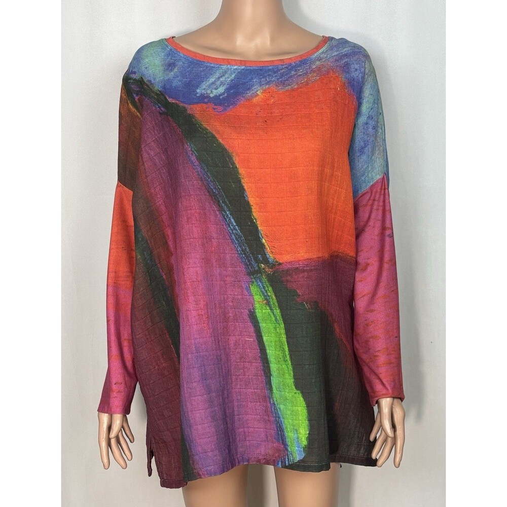 Andrea Geer Wearable Art Top SM Oversized Abstract Colorful Grid Knit Tunic Boxy
